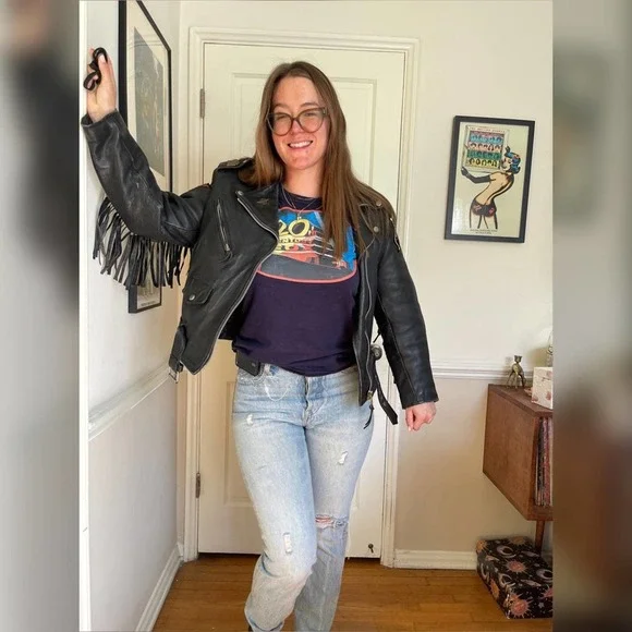 80s Vintage Fringe Motorcycle Jacket w Harley Patches - Picture 1 of 9